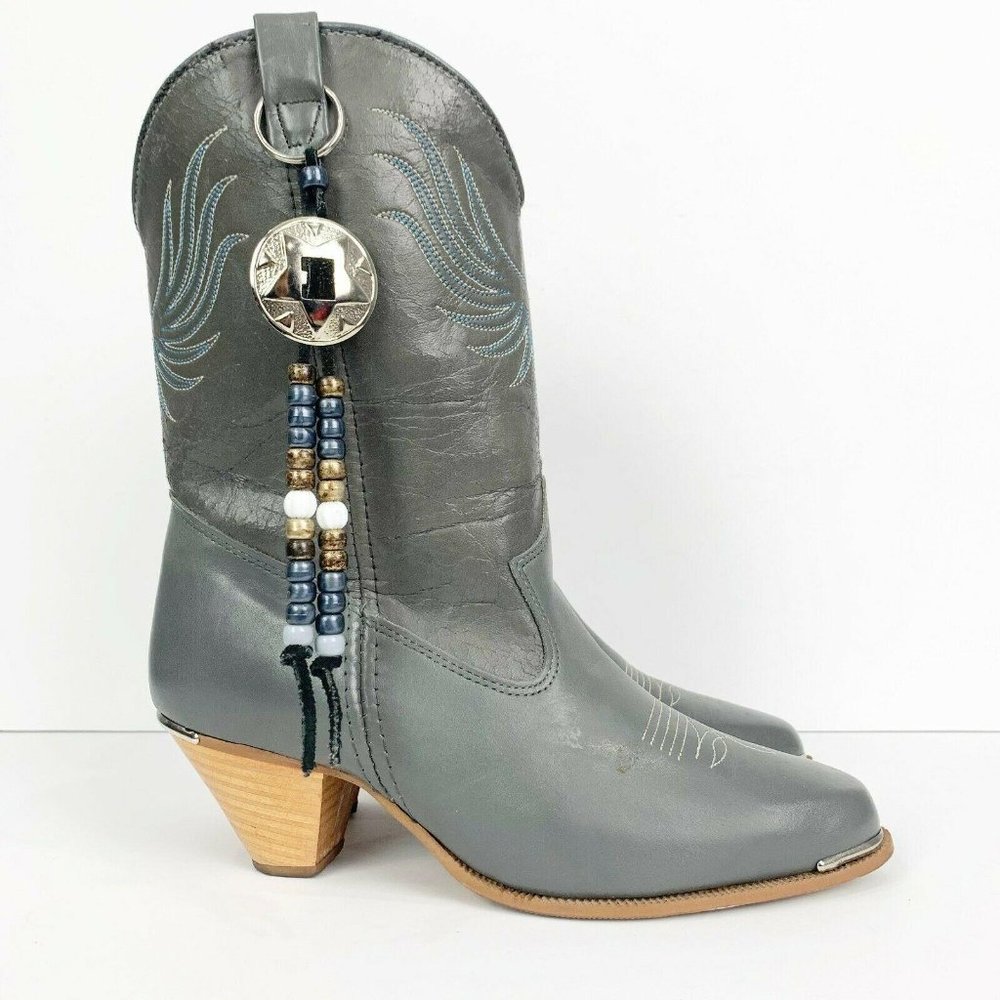 dingo Grey Leather Western Ankle Boots with Beaded Tassel Accent